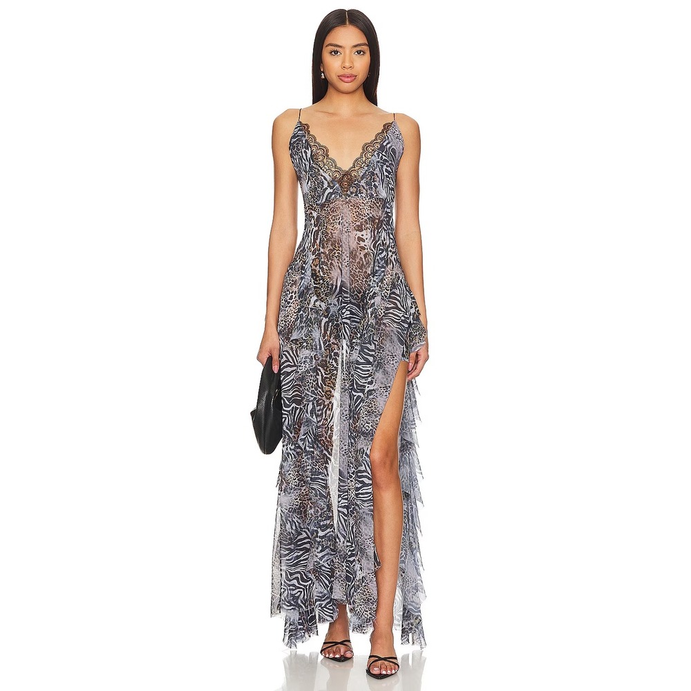 Bananhot Susan Dress Animal Print Lace Trim Maxi Revolve BANH-WD29 ML New